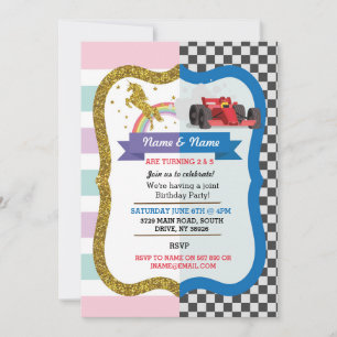 Unicorn & Tävling Car Joint Boy Birthday Inbjudan