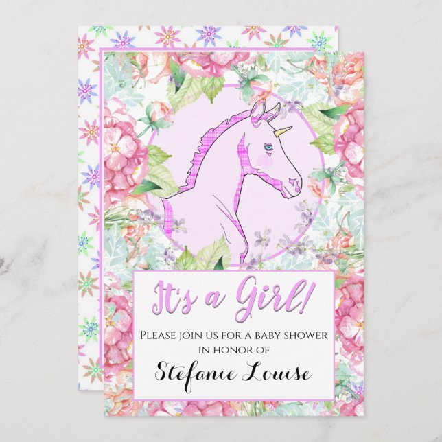Unicorn Tecknad Rosa Circle Det är en flicka! Inbjudningar (Fram/baksida)