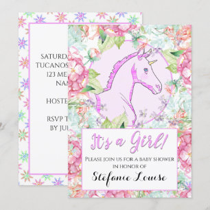 Unicorn Tecknad Rosa Circle Det är en flicka! Inbjudningar