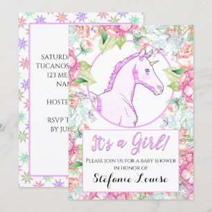 Unicorn Tecknad Rosa Tarta Det är en flicka! Inbjudningar