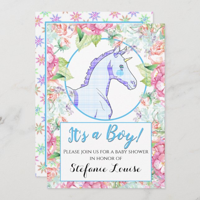 Unicorn Tecknad Rosa Tarta Det är en pojke! Inbjudningar (Fram/baksida)