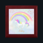 Unicorn-temasmyckeskrin | Magiskt blått och Guld Minnesask<br><div class="desc">Unicorn jewlery box med magiskt blått,  guld glitter och regnbåge färg! Text i guld med en regnbågsenmajs mot en mjuk himlar blå bakgrund. Perfekt för din enhörning älskare! Ändra bakgrunden till färg om du vill!</div>