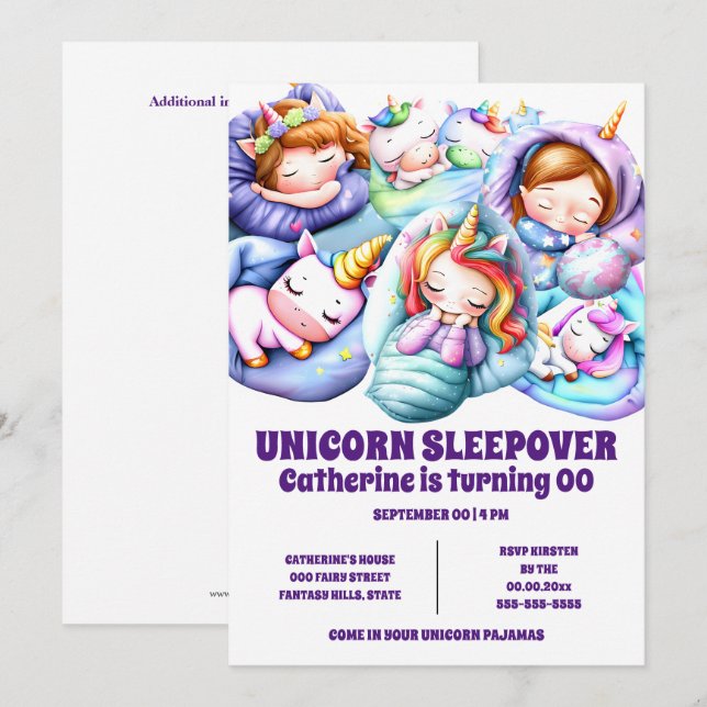 Unicorn Temsleepover slumber pajama-flickor Inbjudningar (Fram/baksida)