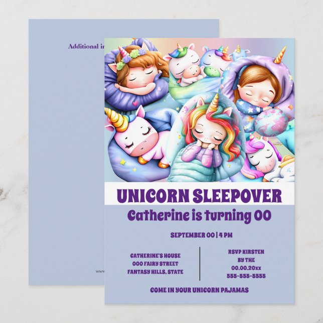 Unicorn Temsleepover slumber pajama party Inbjudningar (Fram/baksida)