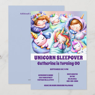 Unicorn Temsleepover slumber pajama party Inbjudningar