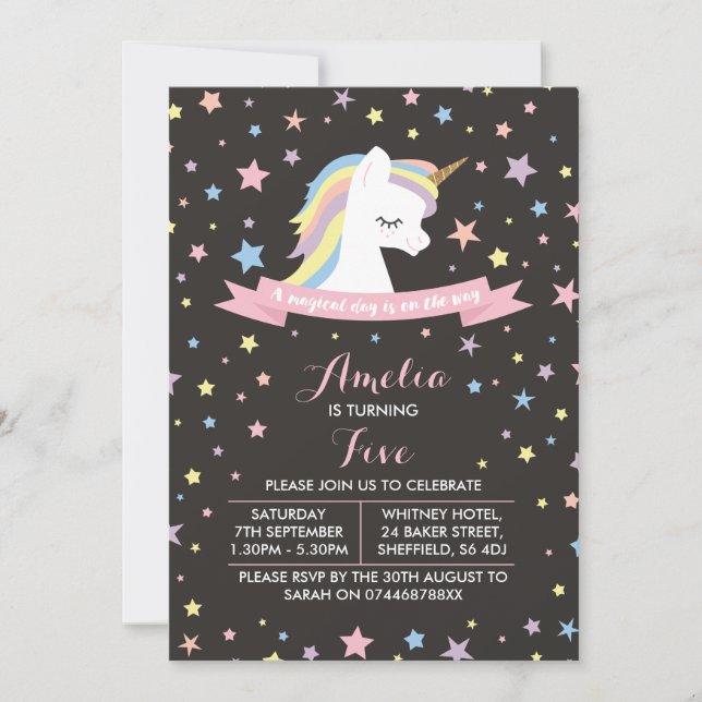 Unicorn themed födelsedagsfest inbjudan (Framsida)
