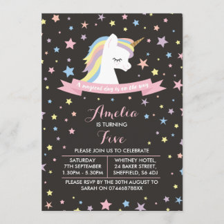 Unicorn themed födelsedagsfest inbjudan