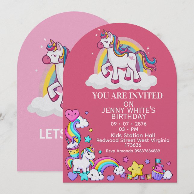 Unicorn Themed Girl Birthday Invitation  Inbjudningar (Fram/baksida)