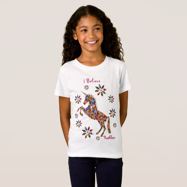 Unicorn Tro Flowers Glitter personalize T Shirt (Hel framsida)