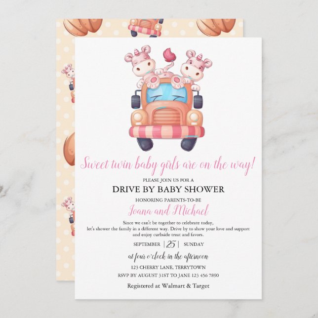 Unicorn Twin Girls Baby Shower Rosa Drive through Inbjudningar (Fram/baksida)