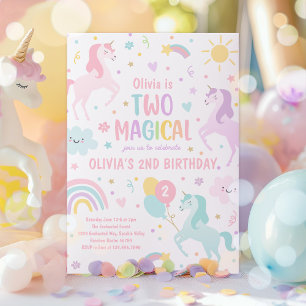 Unicorn Two Magic Pastel Rainbow 2:a födelsedagen Inbjudningar