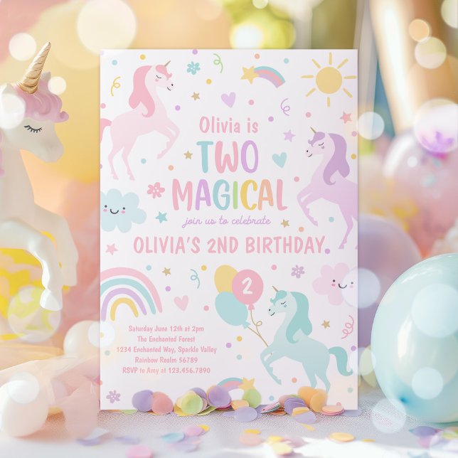 Unicorn Two Magic Pastel Rainbow 2:a födelsedagen Inbjudningar (Skapare uppladdad)