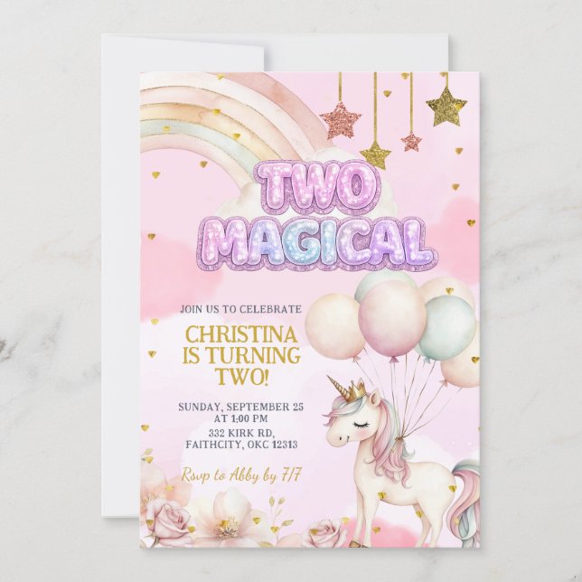 Unicorn Two Magical Pastel Birthday Invitation Inbjudningar (Framsida)