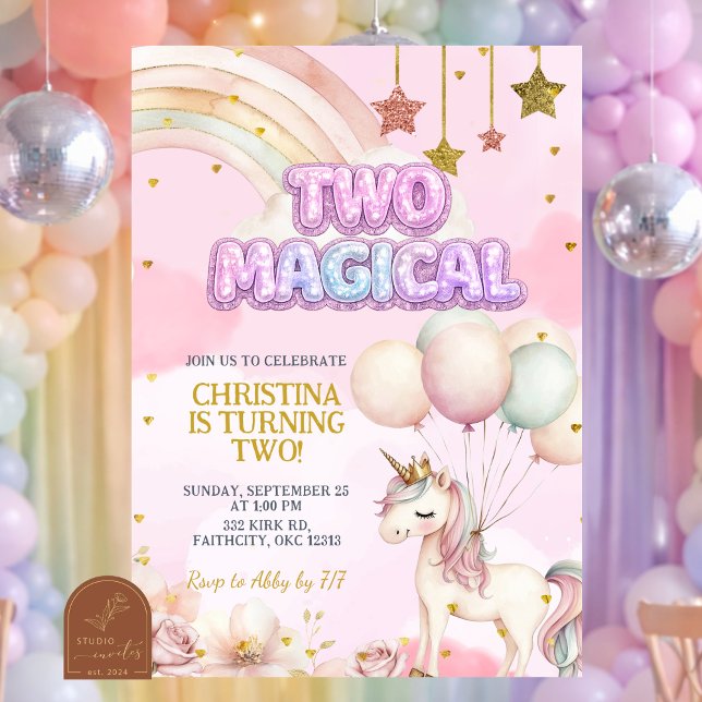 Unicorn Two Magical Pastel Birthday Invitation Inbjudningar (Skapare uppladdad)