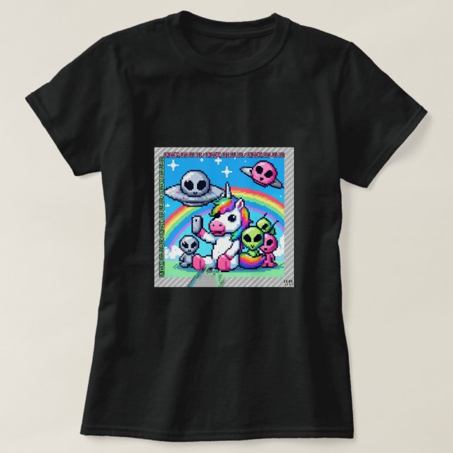 Unicorn UFO Selfie: Square Land (Pixel Art) #3 T Shirt (Design framsida)