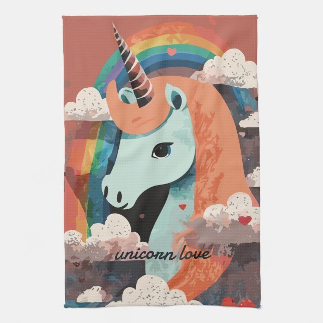Unicorn under Rainbow & Bland Hearts Kökshandduk (Vertikal)