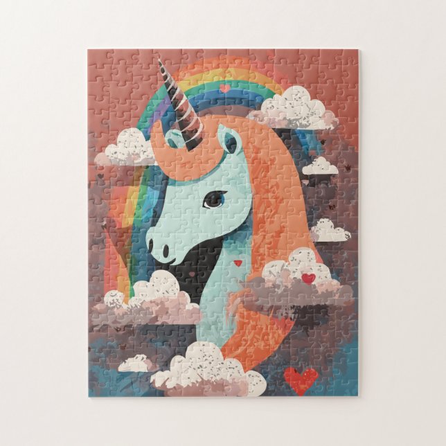 Unicorn under Rainbow & Bland Hearts Pussel (Vertikal)