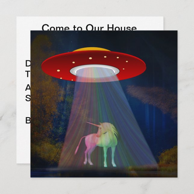 Unicorn under UFO Rainbow Beam på natten, ZKoA Inbjudningar (Fram/baksida)