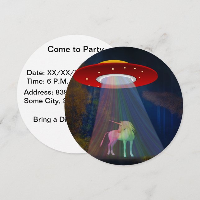 Unicorn under UFO Rainbow Beam på natten, ZKoA Inbjudningar (Fram/baksida)