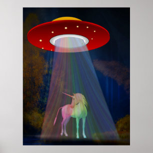 Unicorn under UFO Rainbow Beam på natten, ZKoA Poster