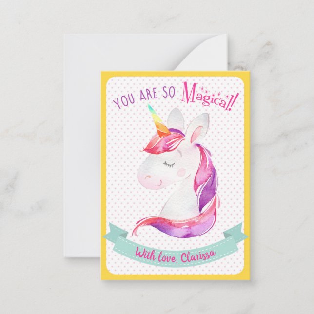 Unicorn Valentines day Card Kids Classroom School Anteckningskort (Framsida)