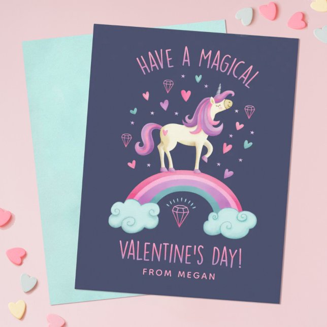 Unicorn Valentines day Greeting Card Anteckningskort (Personalize this cute unicorn Valentine's Day card for your girls classroom exchange.)