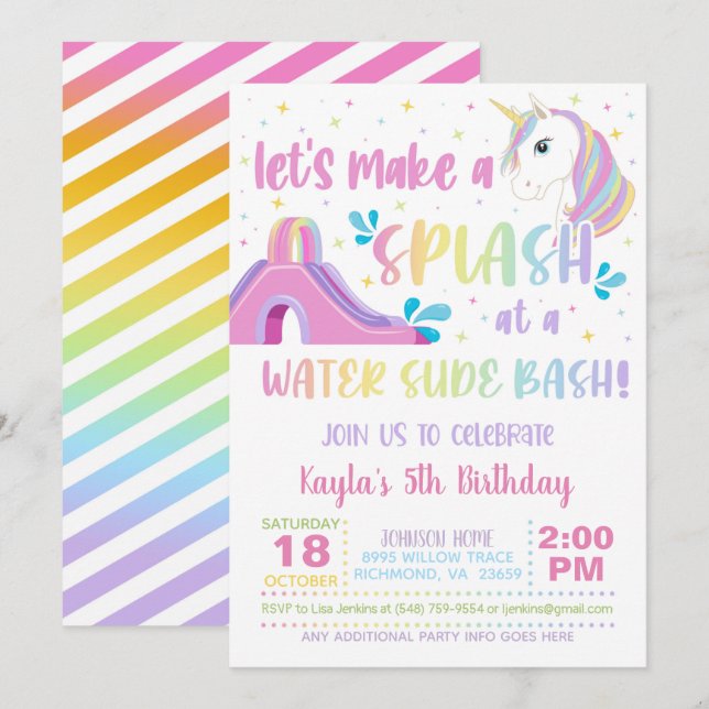 Unicorn Vatten Slide Birthday-inbjudan Inbjudningar (Fram/baksida)