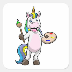 Unicorn vid målning med pensel & Färg Fyrkantigt Klistermärke