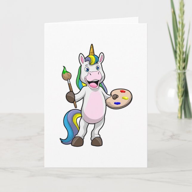 Unicorn vid målning med pensel & Färg Kort (Framsida)