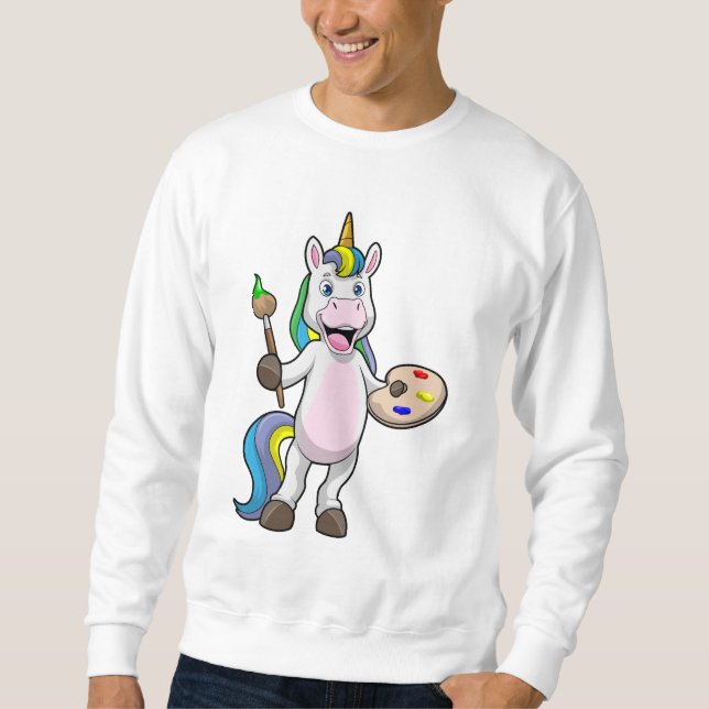 Unicorn vid målning med pensel & Färg Lång Ärmad Tröja (Framsida)