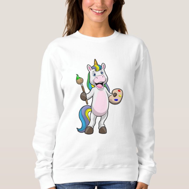 Unicorn vid målning med pensel & Färg T Shirt (Framsida)