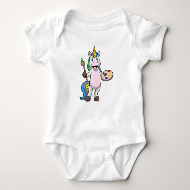 Unicorn vid målning med pensel & Färg T Shirt (Framsida)