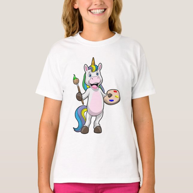 Unicorn vid målning med pensel & Färg T Shirt (Framsida)