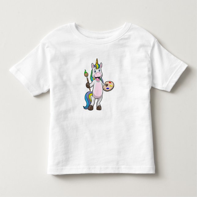Unicorn vid målning med pensel & Färg T Shirt (Framsida)