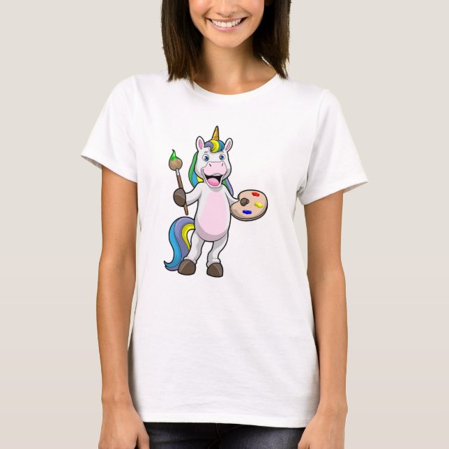 Unicorn vid målning med pensel & Färg T Shirt (Framsida)