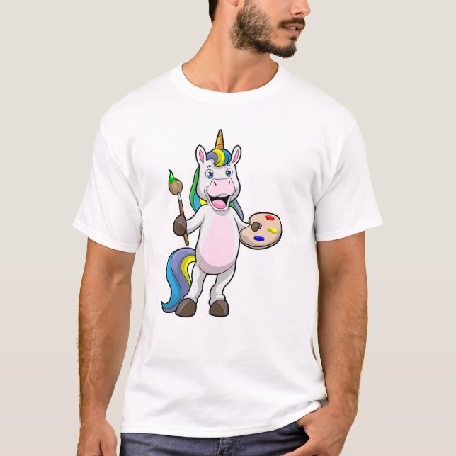 Unicorn vid målning med pensel & Färg T Shirt (Framsida)