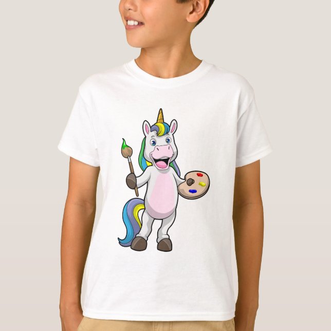 Unicorn vid målning med pensel & Färg T Shirt (Framsida)
