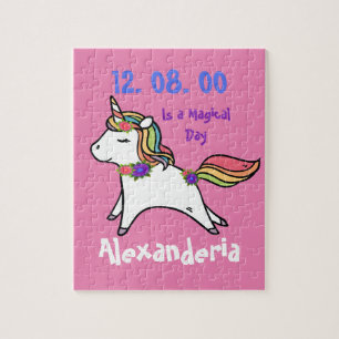 Unicorn w/regnbåge lila rosa blommor Birthday T- Pussel