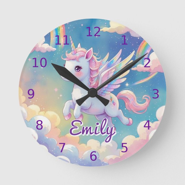 Unicorn Wall Clock - redigerbart Namn Rund Klocka (Framsida)
