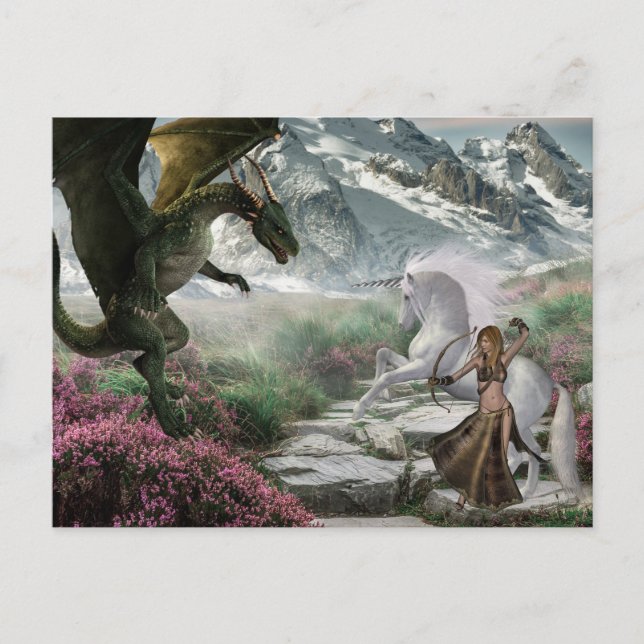 Unicorn Warrior Fantasy Battle with Dragon Vykort (Framsida)