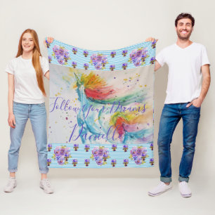 Unicorn Watercolor Blommigt Girls Namn Blanket Fleecefilt