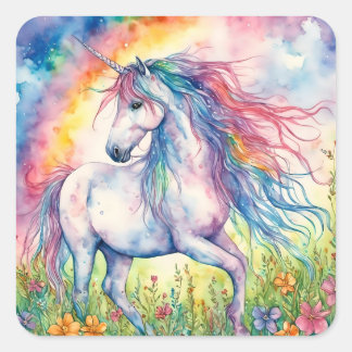 Unicorn Watercolor Fyrkantigt Klistermärke