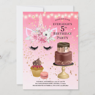 Unicorn Watercolor Rosa Guld Glitter femte födelse Inbjudningar