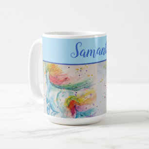 Unicorn Watercolor söt Whimsical Girls Namn Art Kaffemugg