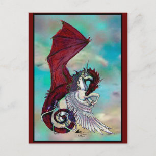 Unicorn Winged Pony Pegacorn Wyrm Red Dragon Horse Vykort