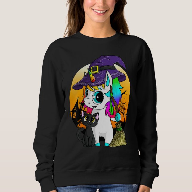 Unicorn Witch Halloween Black Cat Orange Måne Grap T Shirt (Framsida)