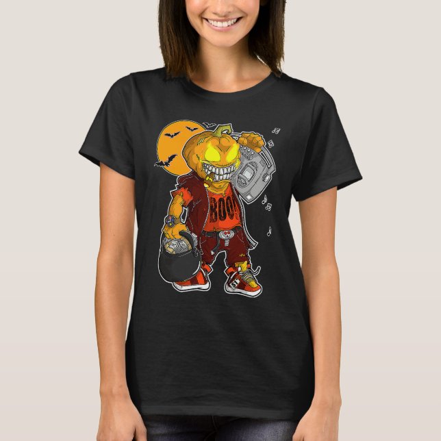 Unicorn Witch Halloween Black Cat Orange Moon Grap T Shirt (Framsida)