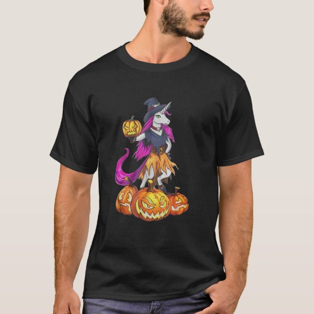 Unicorn Witch Spooky Pumpkin Halloween T Shirt (Framsida)