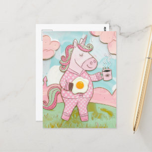 Unicorn with coffee and Egg Vykort