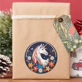 Unicorn with Flowers and Butterflies Navy Blue Runt Klistermärke